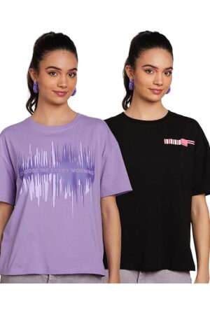 Amazon Brand - Symbol Women's Cotton Stretch Half Sleeve Round Neck Oversized Loose Fit T-Shirts (Front & Back Print | Combo Pack of 2)